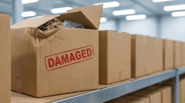 Damaged cardboard box with shipping label on a warehouse shelf