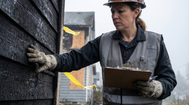 Female fire inspector examining the charred exterior wall of a damaged residential building after a fire incident