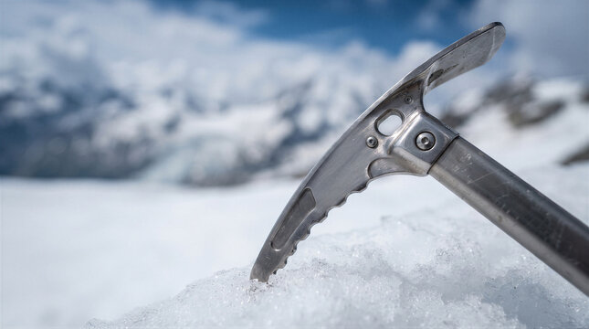 Closeup of a metal ice axe head embedded in snow on a high mountain glacier with a blurred snowy peak in the background