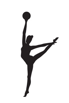 Black silhouette of a female rhythmic gymnast balancing on one leg with a ball, vector graphic isolated on a white background