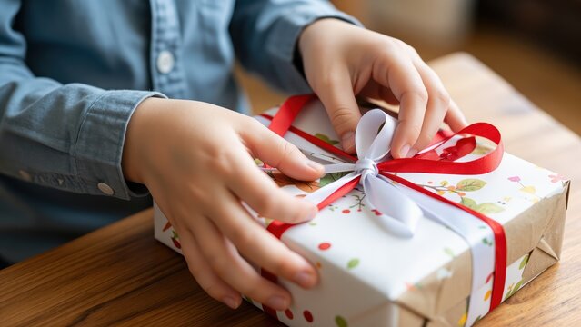 Close-up of a person holding a beautifully wrapped gift box with a red ribbon and white bow, prepared for a celebration or special occasion