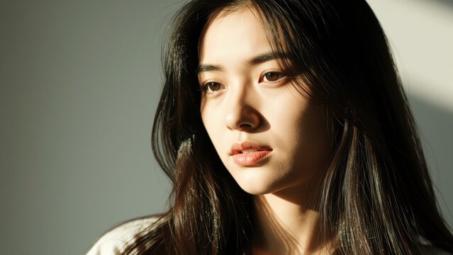 Close-up portrait of a young Asian woman with long dark hair, soft natural lighting, neutral background, showcasing beauty, calmness, and serenity, suitable for beauty or lifestyle