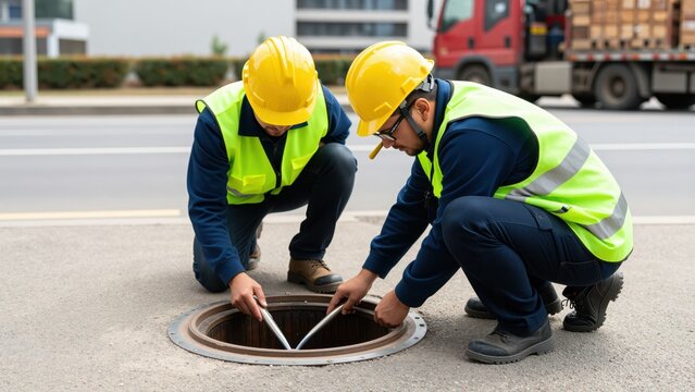 Two construction workers inspecting and measuring a sewer manhole cover on the roadside during daylight, wearing safety vests and helmets