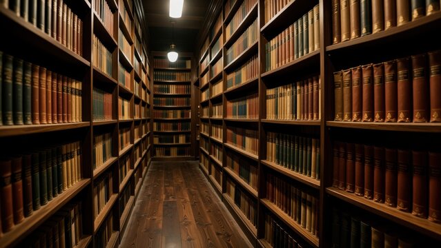 Quiet Library Corridor with Tall Wooden Shelves Filled with Colorful Books and Soft Warm Lighting for Reading and Study Spaces