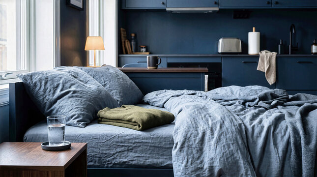 Cozy studio apartment bed featuring rumpled blue linen bedding, folded olive green sweater and glass of water on table. Dark navy blue kitchen background in modern minimalist interior design