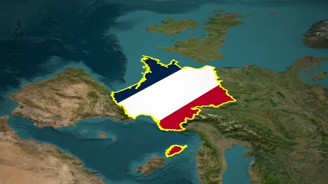 3D Map of France with National Flag Colors Rotating on Realistic Geographical Background, French Flag Map Animation