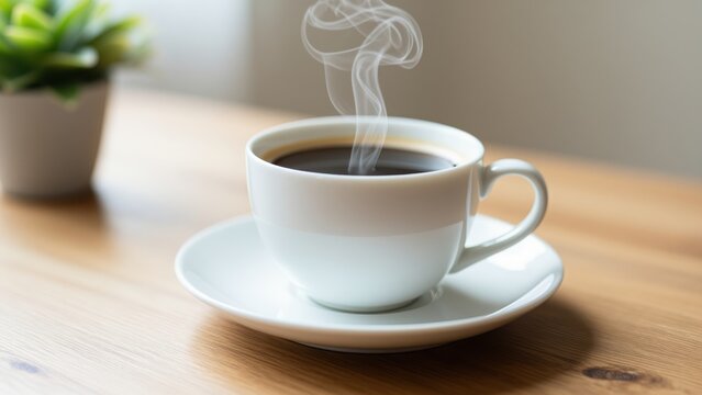 Steaming hot cup of black coffee in a white ceramic mug on a wooden table with a blurred plant in the background, suitable for hospitality and beverage themes