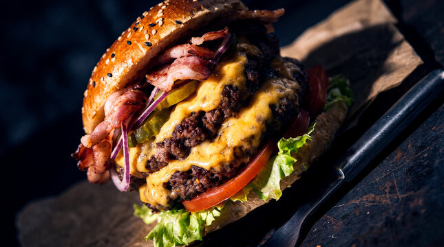 Double cheeseburger with crispy bacon, melted cheese, fresh tomato, and lettuce on a dark slate background, gourmet fast food photography