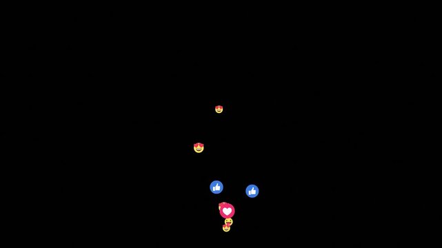 Social live style emoji flying animation with 3D floating heart and like reactions stream overlay.