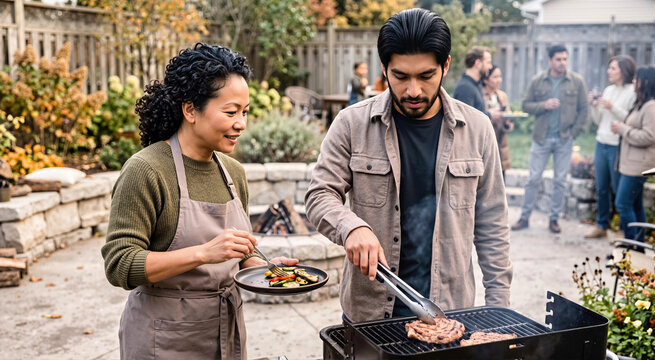 Man and woman grilling meat and vegetables at outdoor barbecue on stone patio during autumn. Friends gathering in backyard for fall garden party, wearing warm clothes and apron near fire pit
