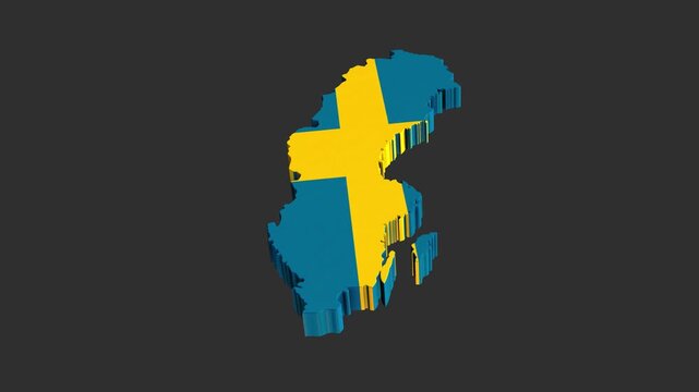 Sweden 3D Map with National Flag Animation on Dark Background &ndash; Rotating Country Shape with Swedish Flag Texture, Blue and Yellow Cross