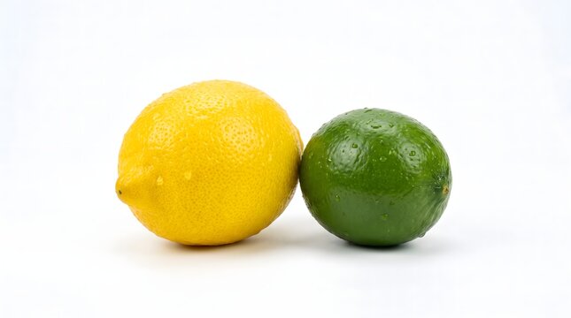 Fresh whole lemon and lime side by side isolated on white background with citrus fruits green lime yellow lemon whole fruit pair