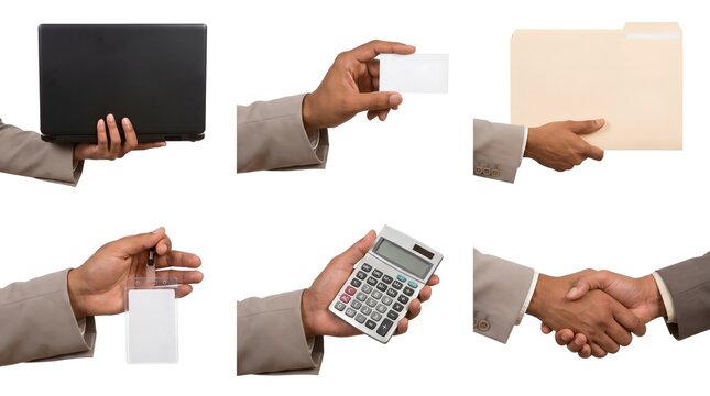 Collection of business hand gestures holding professional accessories isolated with business hands office work holding folder admin work