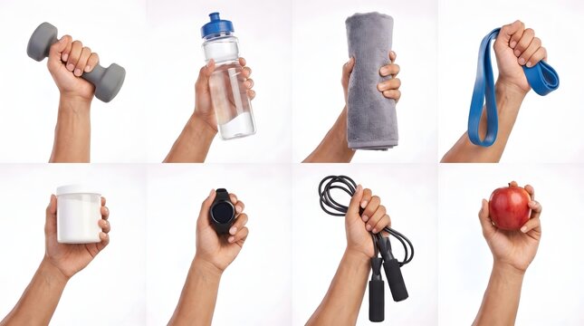 Set of eight hands holding different fitness accessories and health items with fitness equipment workout gear gym accessories jump rope