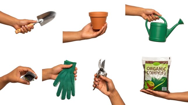 Collection of six hands holding various gardening tools and supplies against a white background with garden supplies