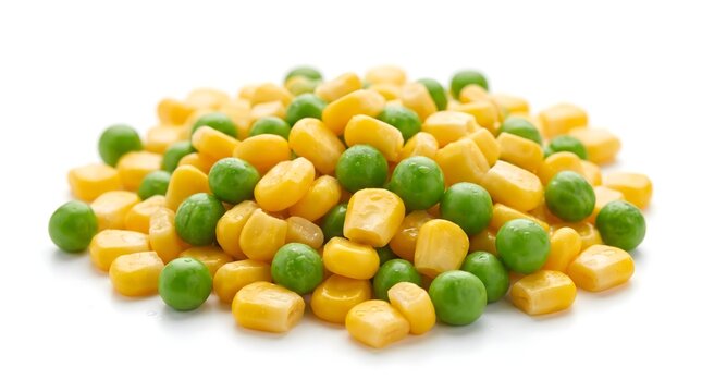 Heap of mixed sweet yellow corn kernels and green peas on white background with mixed vegetables frozen vegetables canned vegetables