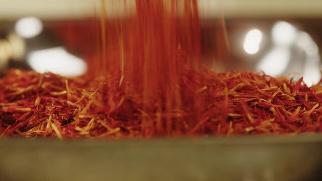 Saffron threads being tested and inspected by a Turkish man at a spice market stall in a supermarket, premium red spice from Turkey, Iran and India