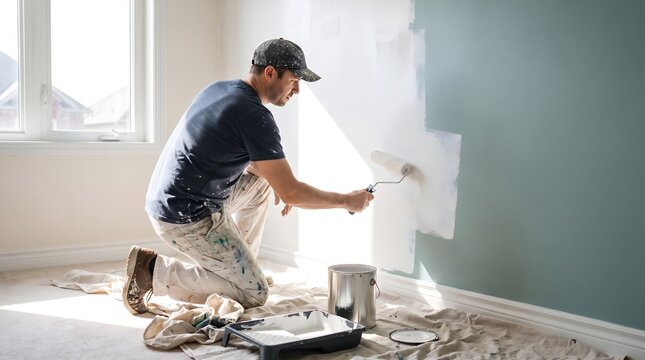Professional painter kneeling while applying white paint to a home interior wall with a roller home painting interior renovation skillful
