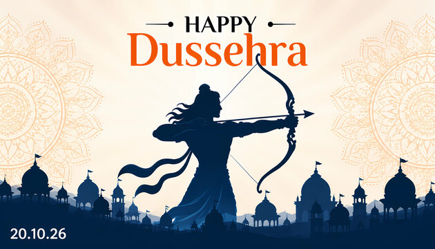 Lord Rama Silhouette Aiming Bow and Arrow Happy Dussehra Festival Greeting Banner Design. 