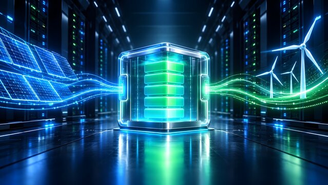 Futuristic concept of renewable energy storage showing a glowing high-tech battery server connected to digital solar panels and wind turbines in a data center.