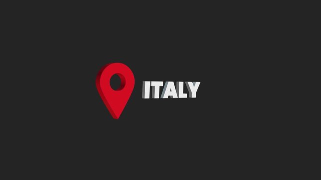 Italy Location Pin Animation on Dark Background &ndash; Red 3D Map Marker Icon with Country Name Text, Europe Travel Destination