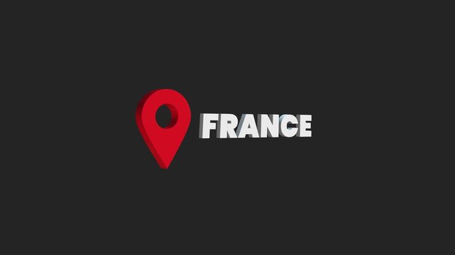 France Location Pin Animation on Dark Background &ndash; Red 3D Map Marker Icon with Country Name Text, Europe Travel Destination