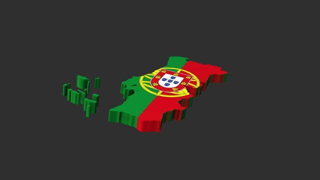 Portugal 3D Map with National Flag Animation on Dark Background &ndash; Rotating Country Shape with Portuguese Flag Texture