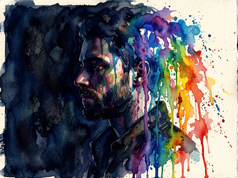 A male profile portrait emerges from a dark shade while vibrant liquid pigment splashes across his head to represent mental wellness and the complex depth of human emotions and creative thoughts