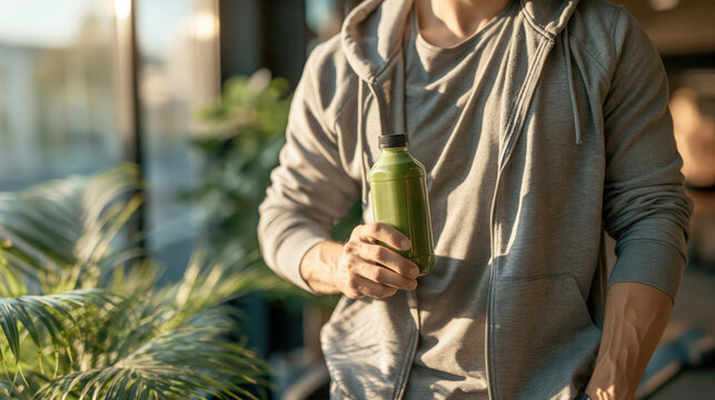 Man holding green bottle with smoothie healthy drink in cozy indoor setting