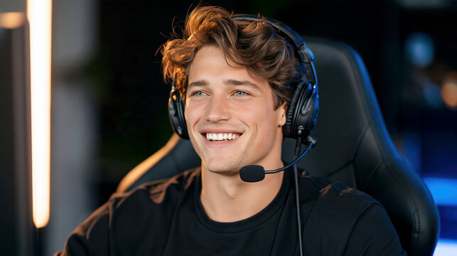 Young man gamer smiling with headset sitting in gaming chair enjoying play