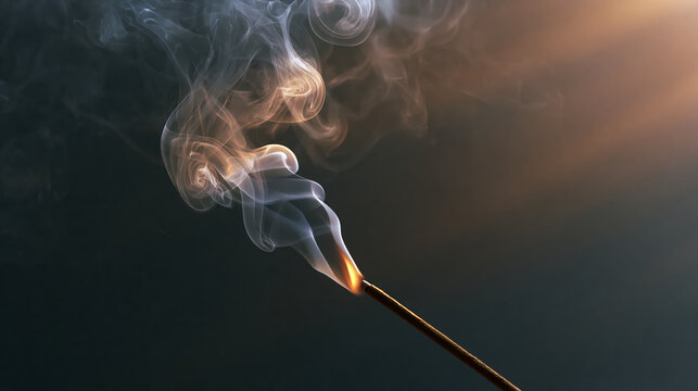 Close-up of burning incense stick releasing fragrant smoke with light rays