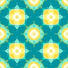 Seamless pattern featuring intricate Thai art mandala motifs and floral designs in vibrant colors. © Sinarom