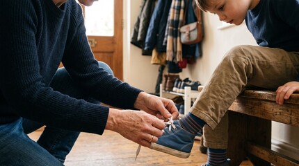Fototapeta premium Father tying shoelaces for his son sitting on a wooden bench in a hallway