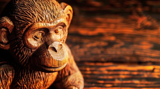 Wooden Monkey Figurine with a Warm Wood-Grain Background (Includes Copy Space)