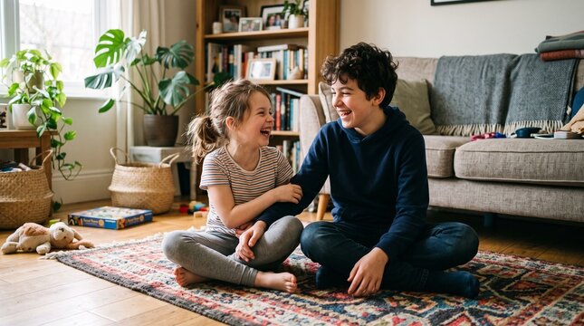 Joyful siblings sharing laughter and bonding time together on a cozy rug in a sunlit living room