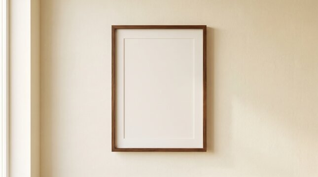 Wooden picture frame hangs on a cream colored wall ready for artwork
