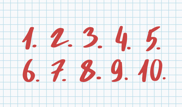 Set of red handwritten numbers from one to ten with dots on a light blue grid paper background. Vector illustration