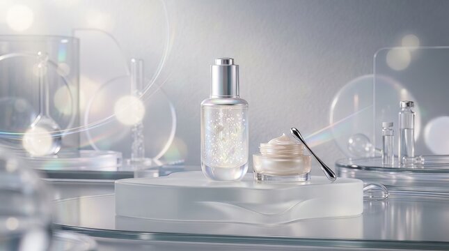 Elegant skincare products arranged on modern glass vanity with makeup brushes
