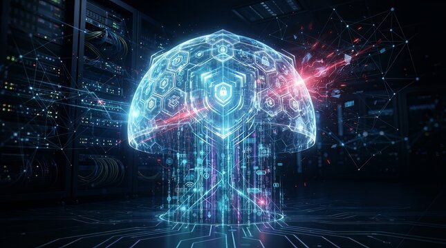 Futuristic digital brain network with glowing neural connections and data streams
