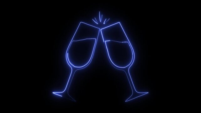 Neon Clinking Champagne Glasses Icon Animation on Black Background &ndash; Glowing Blue Cheers Toast Symbol