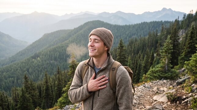Hiker enjoying the serene mountain vista, taking a deep breath and embracing the tranquility of nature, feeling connection and peace