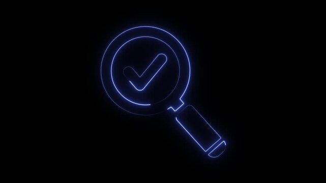 Magnifying glass icon with check mark displays research validation online.