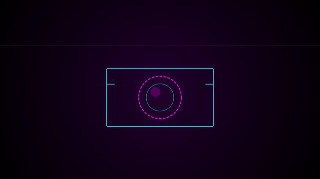 Futuristic neon camera icon on dark purple background