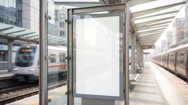 Empty white billboard mockup standing on a modern train station platform for advertising.
