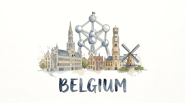 Artistic watercolor depiction of Belgium with iconic landmarks like Atomium, Brussels Palace, windmill, and historic buildings