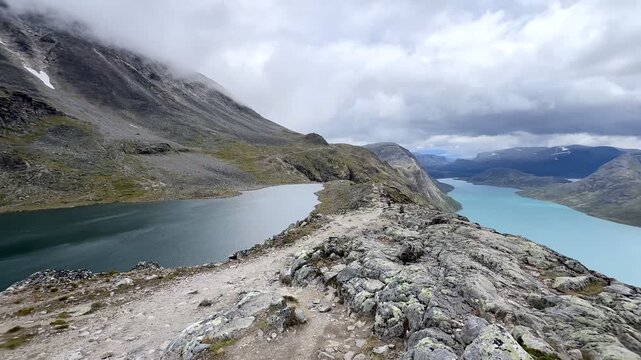Besseggen ridge trail above two glacial lakes in Norway