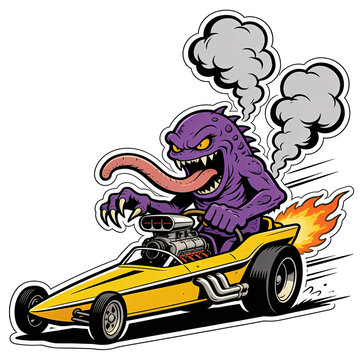 Purple Cartoon Monster Driving a Flaming Yellow Hot Rod Isolated on Transparent Background