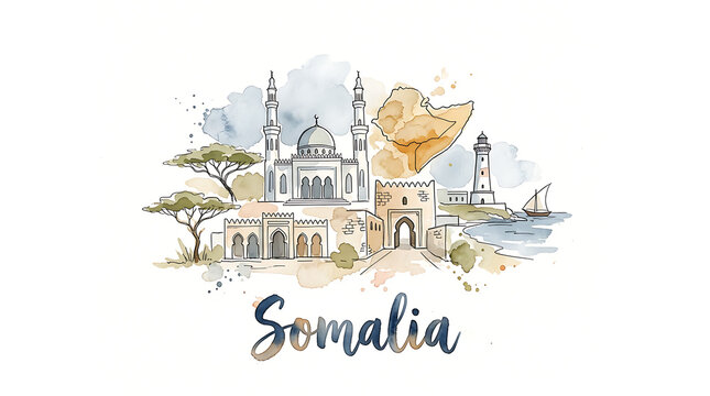 Watercolor illustration of Somali landmarks featuring Islamic architecture and coastal scenery reflecting Somalia's cultural