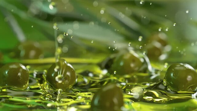 Super Slow Motion Shot of Olives Falling into Oil and Splashing at 1000fps.