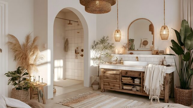 Warm modern bathroom interior with natural wood vanity, woven accents, indoor plants, and soft sunlight